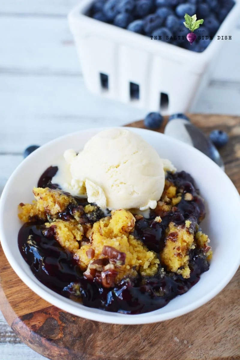 serve your blueberry cobbler dump cake with vanilla ice cream