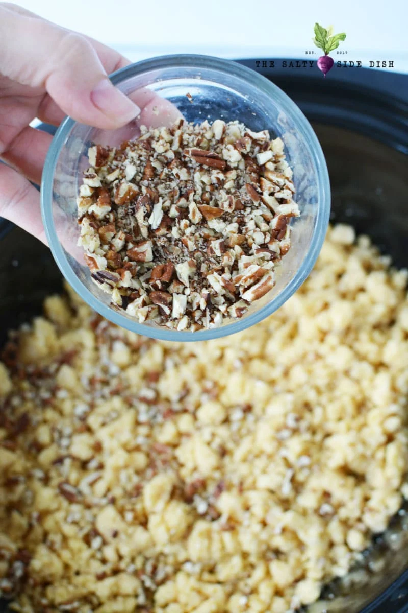 chop up pecans for crockpot and pour on the top of the yellow cake mix
