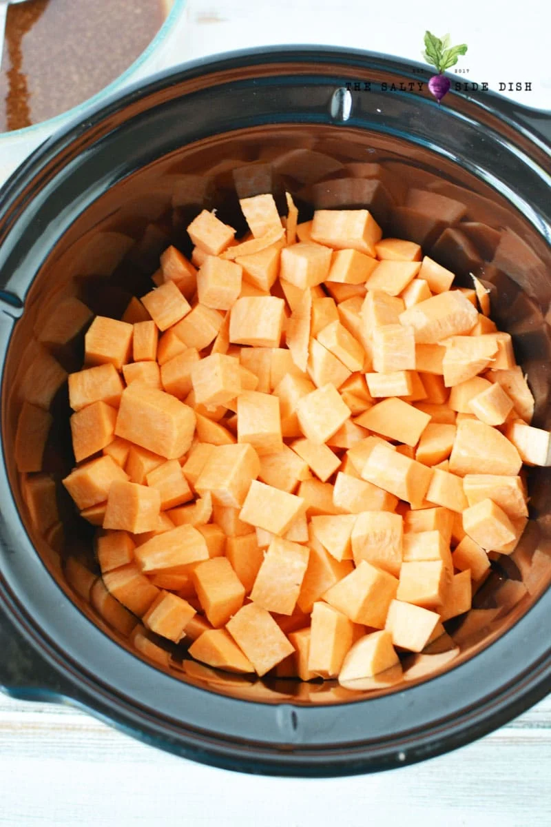sweet potato casserole ready to be made in the crockpot