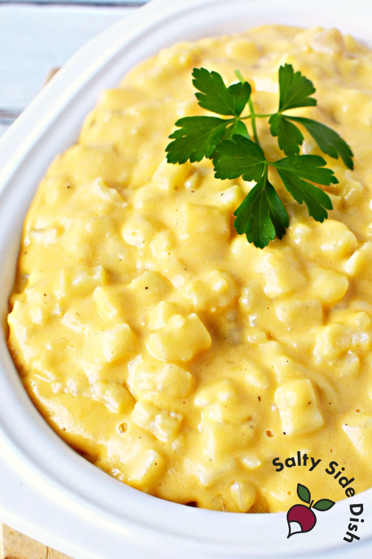 very simple potato recipe in a white serving bowl.