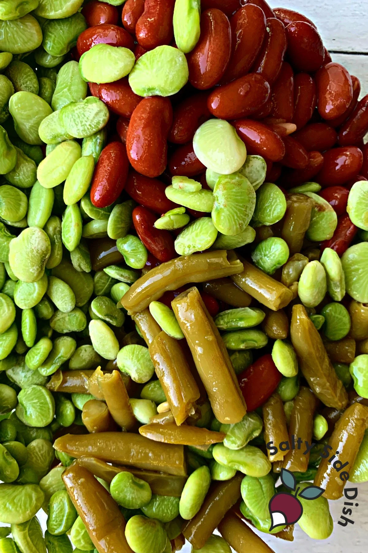 3 bean salad with green beans, kidney beans, lima beans.