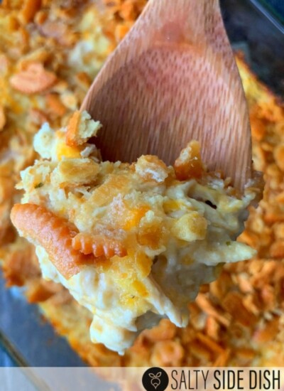 ritz cracker chicken casserole recipe on a wooden spoon.