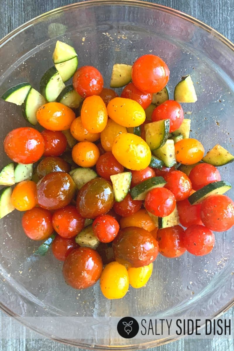 wild wonders tomatoes covered in olive oil and balsamic in a glass bowl