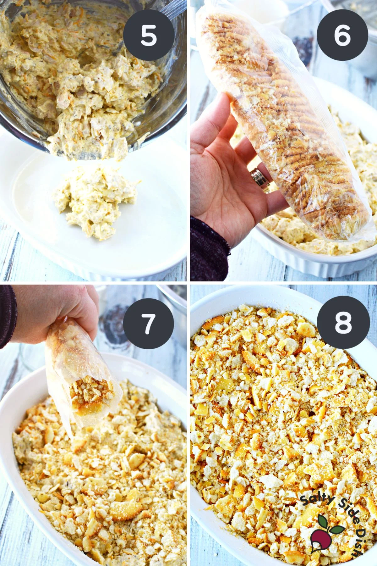 adding crackers to a chicken casserole.