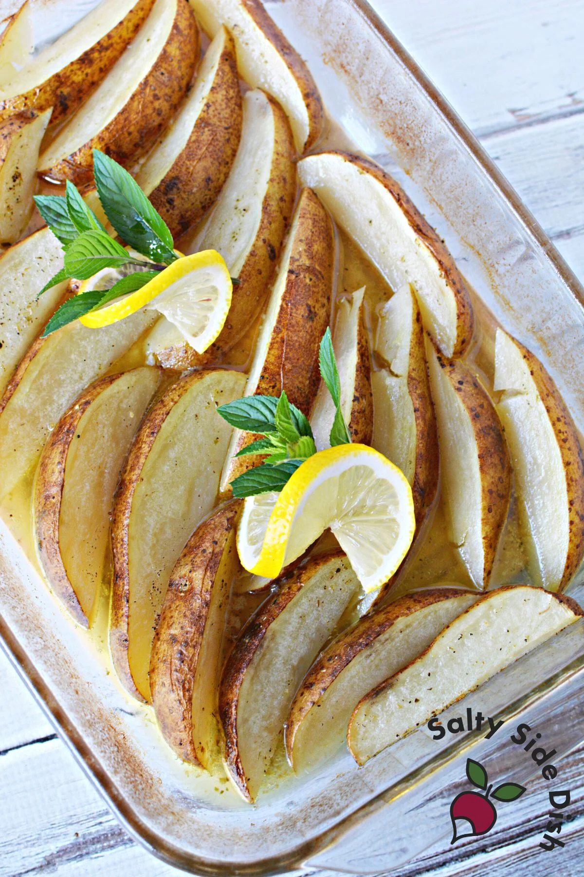 greek style lemon potatoes roasted without crispy sides.