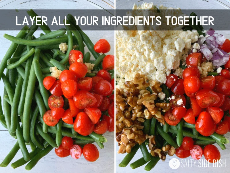 layering ingredients in a bowl for green bean salad