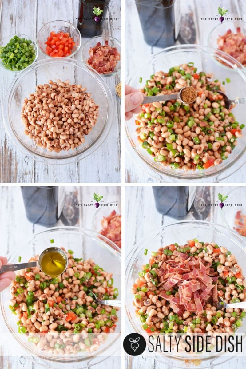 Black eyed pea salad prepping stages from adding oil, to onions, tomatoes and garlic plus crispy bacon