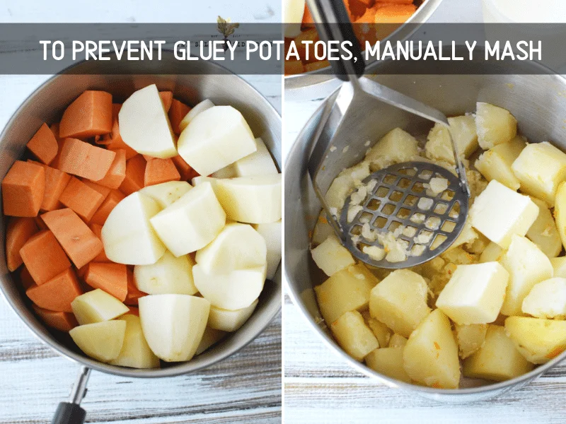 prevent gluey potatoes by manually mashing them, potatoes done but in a pot