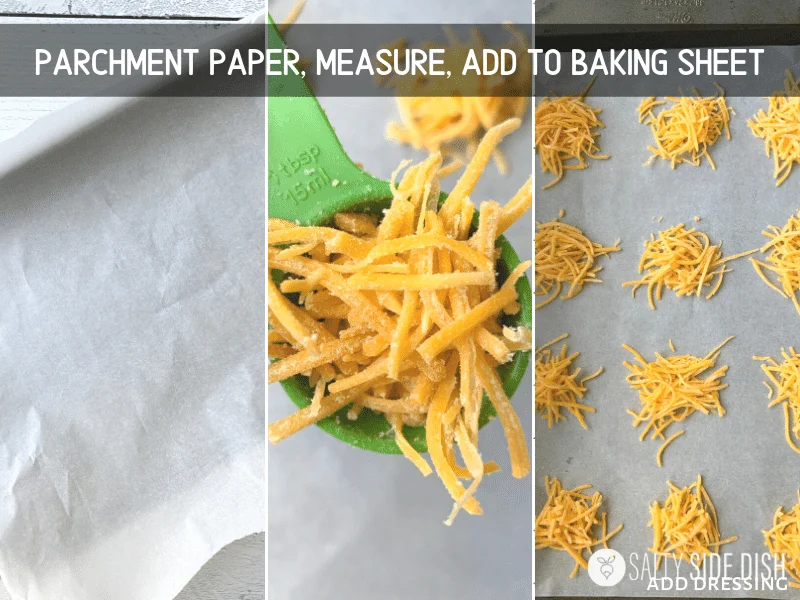 preparation and baking on parchment paper for heaps of shredded cheese crisps