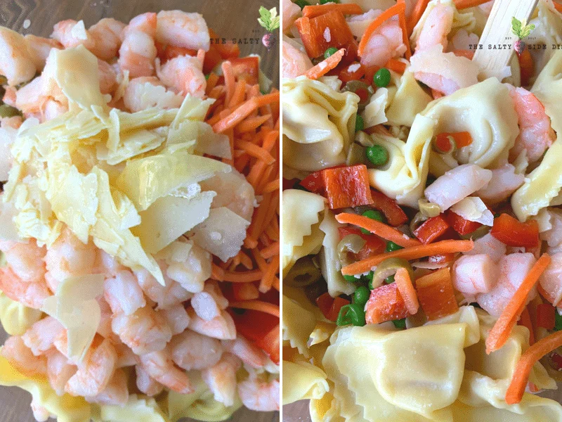 adding cooked shrimp, Parmesan cheese and vegetables cut up into a salad bowl
