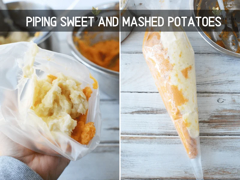 showing how to pipe potatoes in a pipping bag and mixing them up