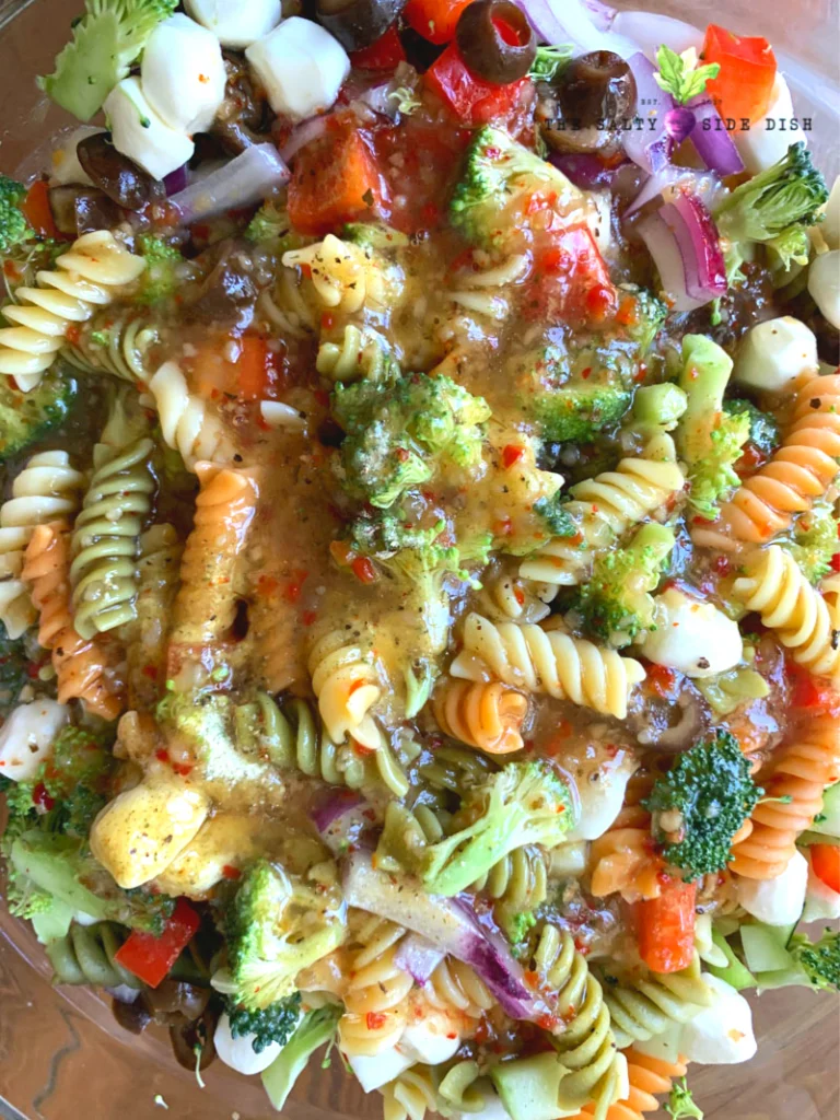easy tri color pasta salad with italian dressing.
