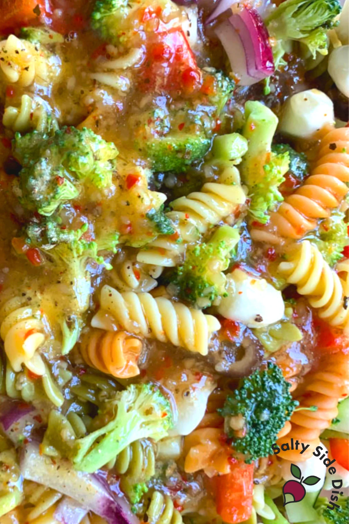 close up of the best tri color pasta salad, really showing the noodle saturated with Italian dressing.