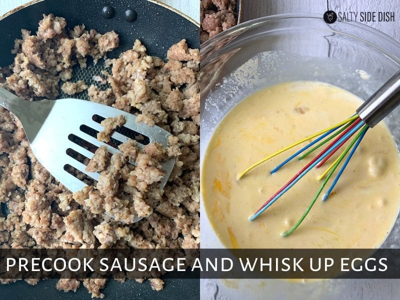 brown pork sausage in skillet and then whisk up eggs and cream in a bowl