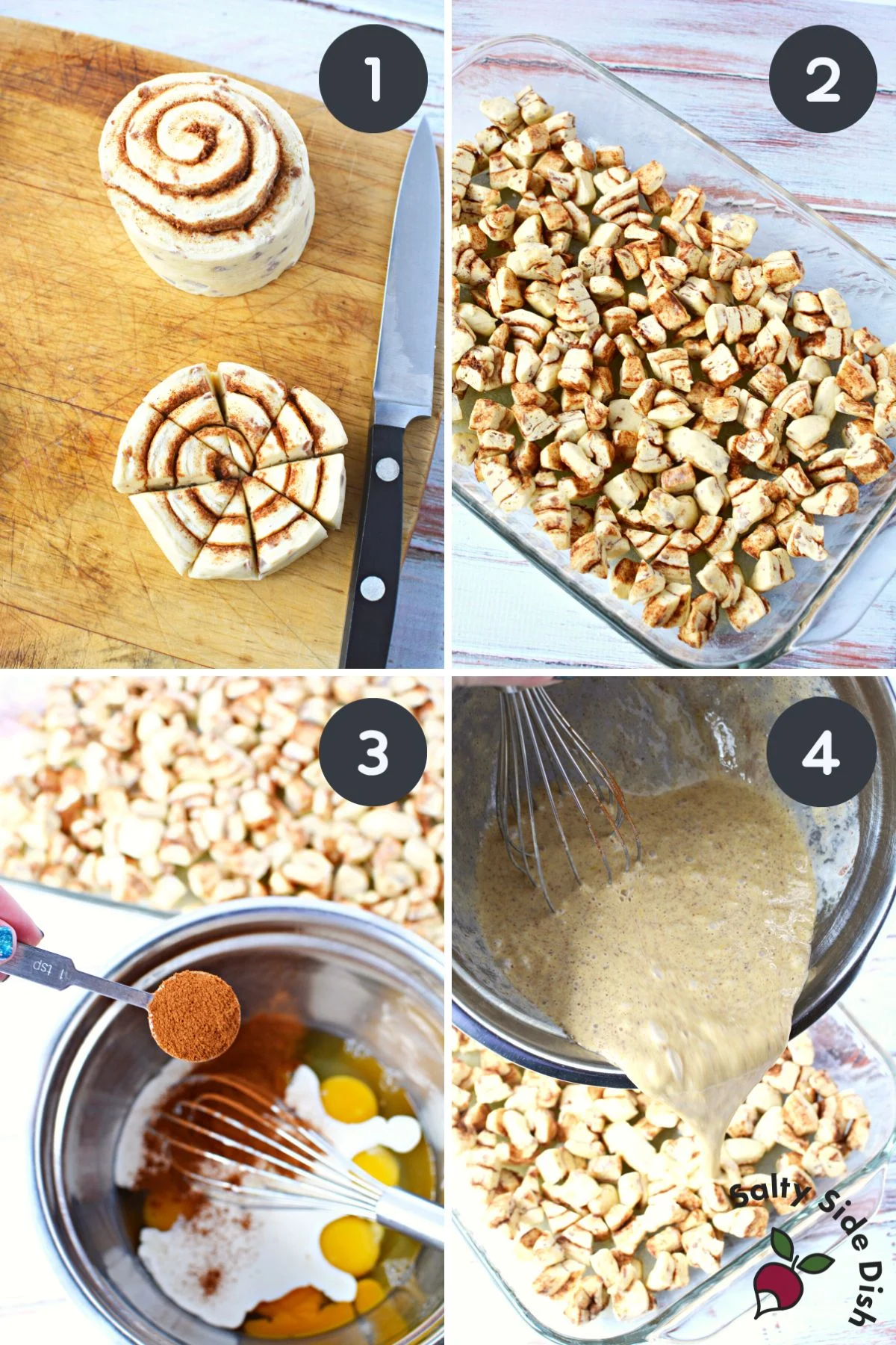 assembling make ahead cinnamon roll breakfast casserole.