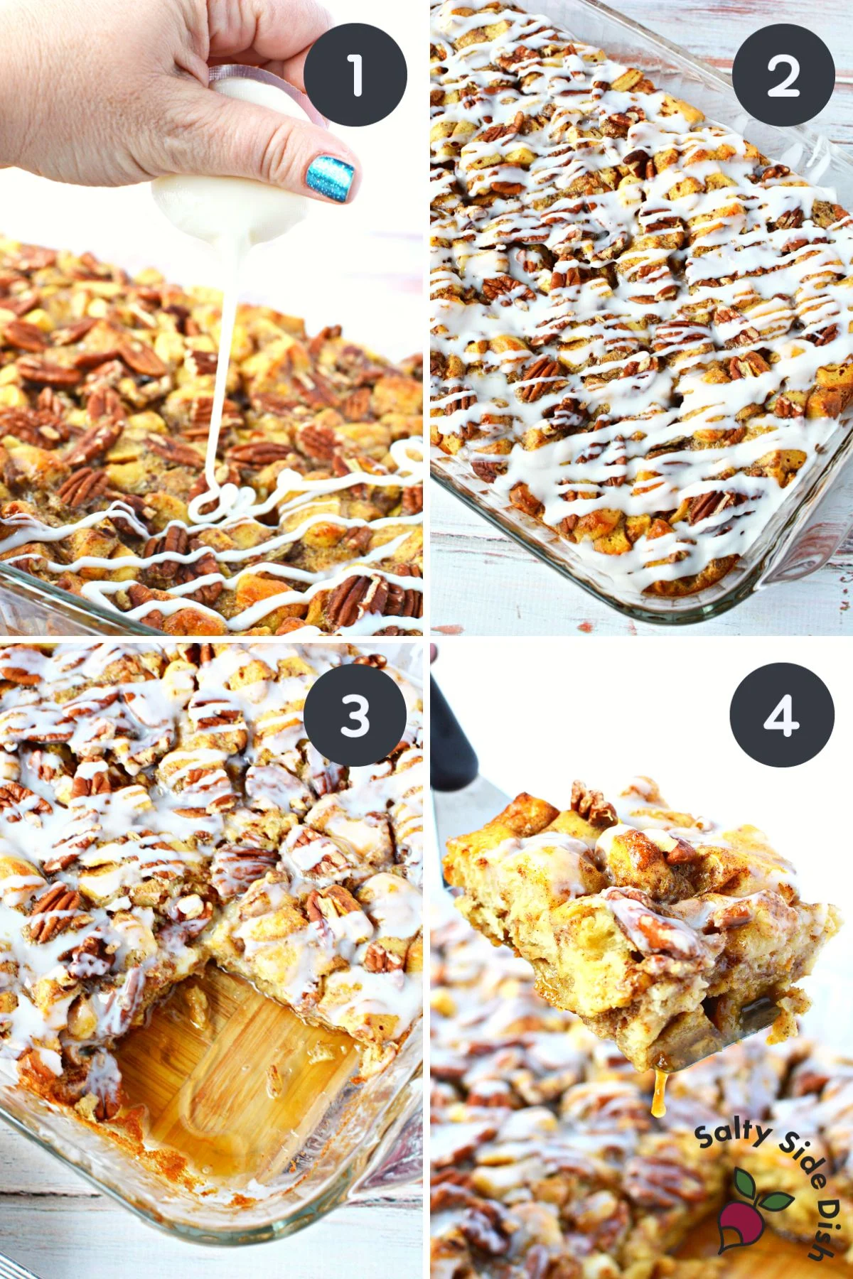 pouring icing over sweet breakfast casserole.