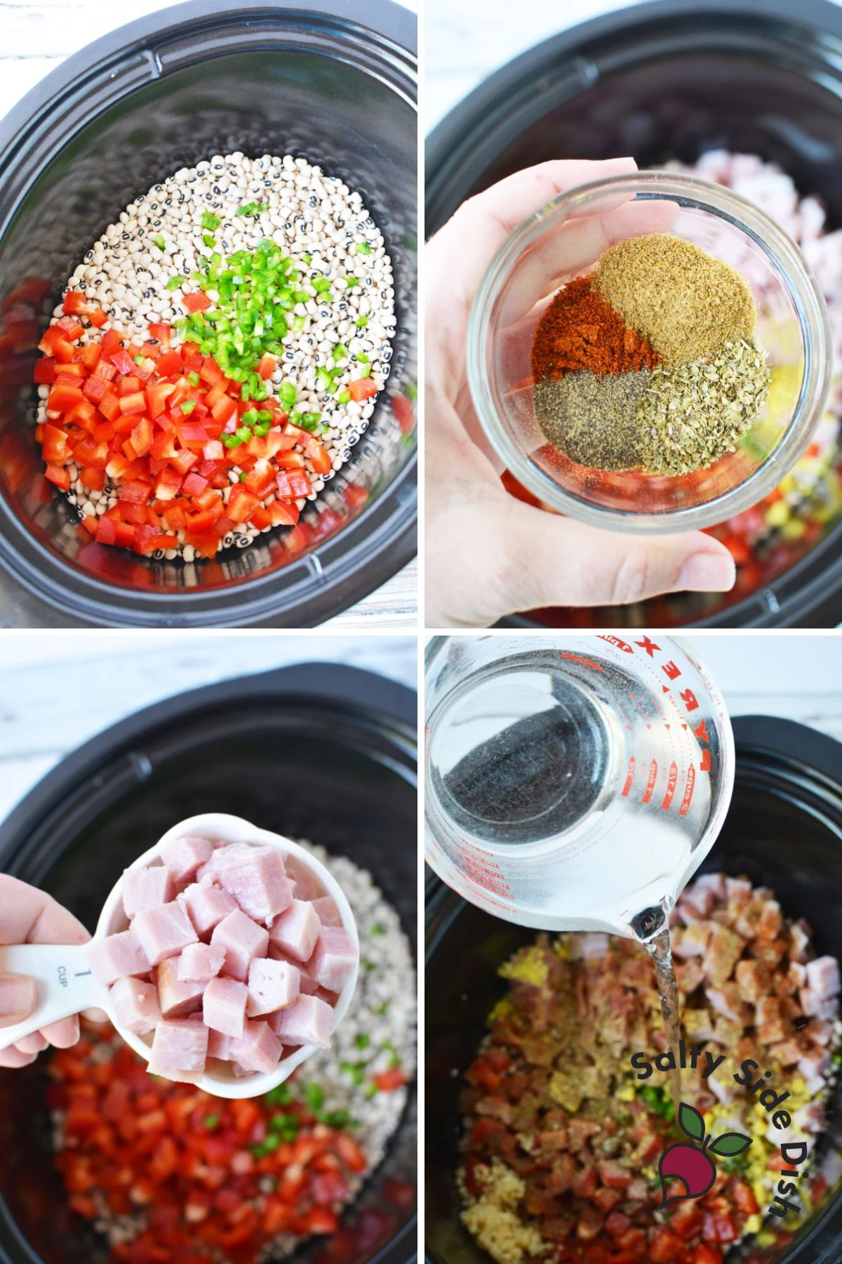 black eyed peas and ingredients to make hoppin john in a slow cooker