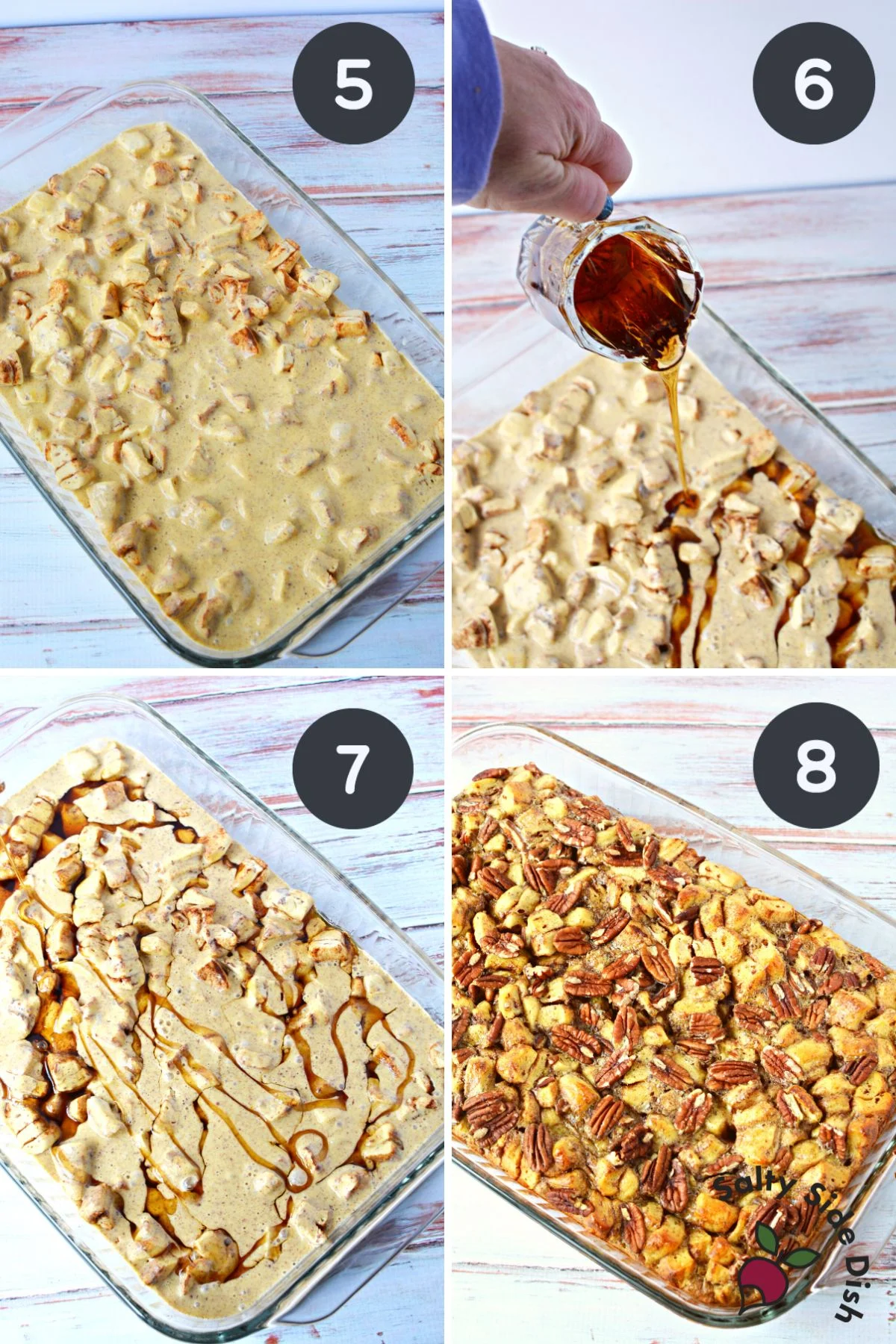 french toast casserole with maple syrup and pecans.