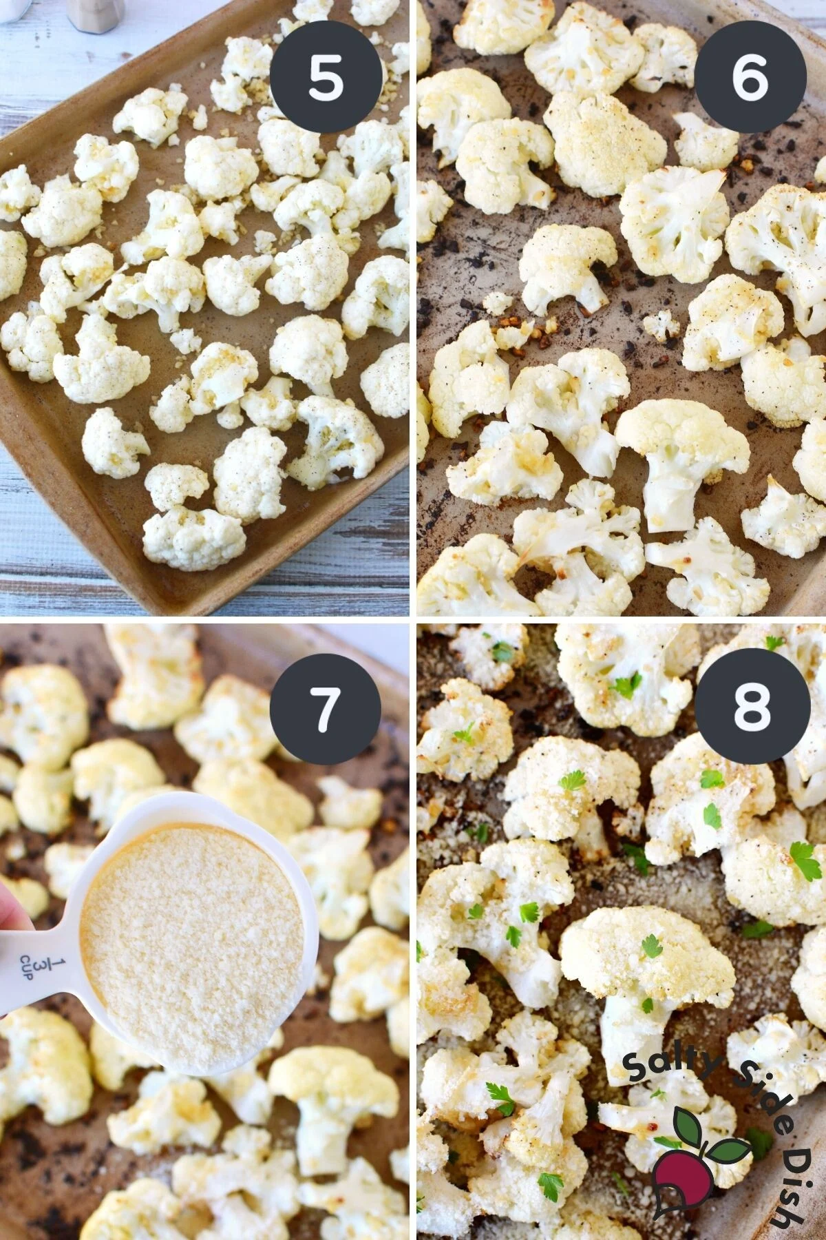 adding parmesan cauliflower to a sheet pan.