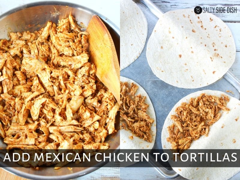 seasoned shredded chicken in pan being added to tortillas on sheet pan
