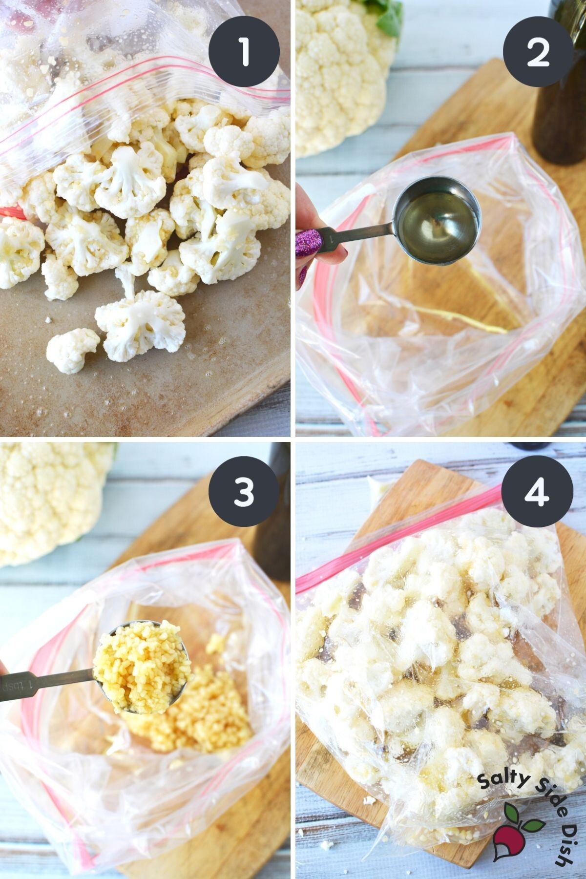 adding cauliflower florets to a baggie.