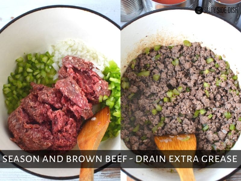 flavor beef in stock pot with veggies and brown beef