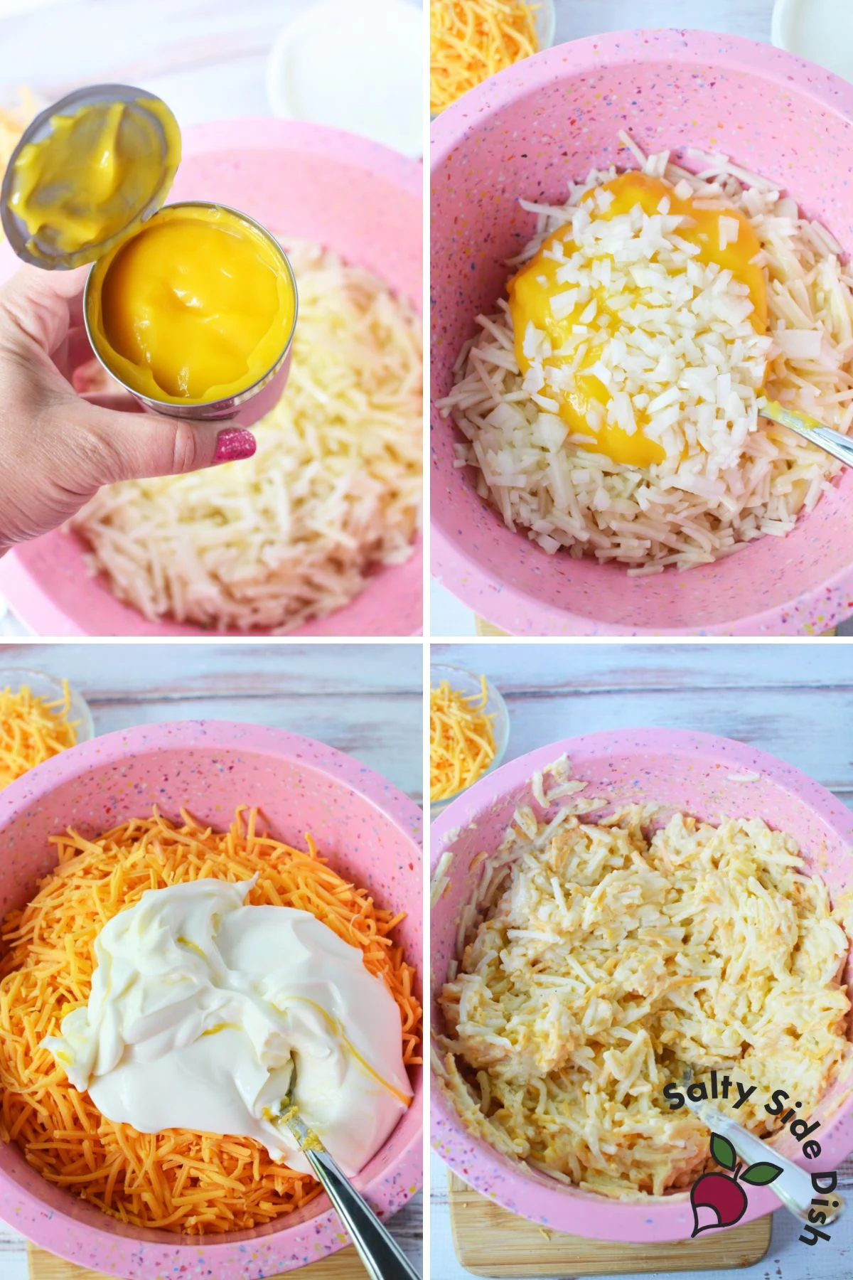collage of the ingredients going into a mixing bowl for hashbrown casserole.