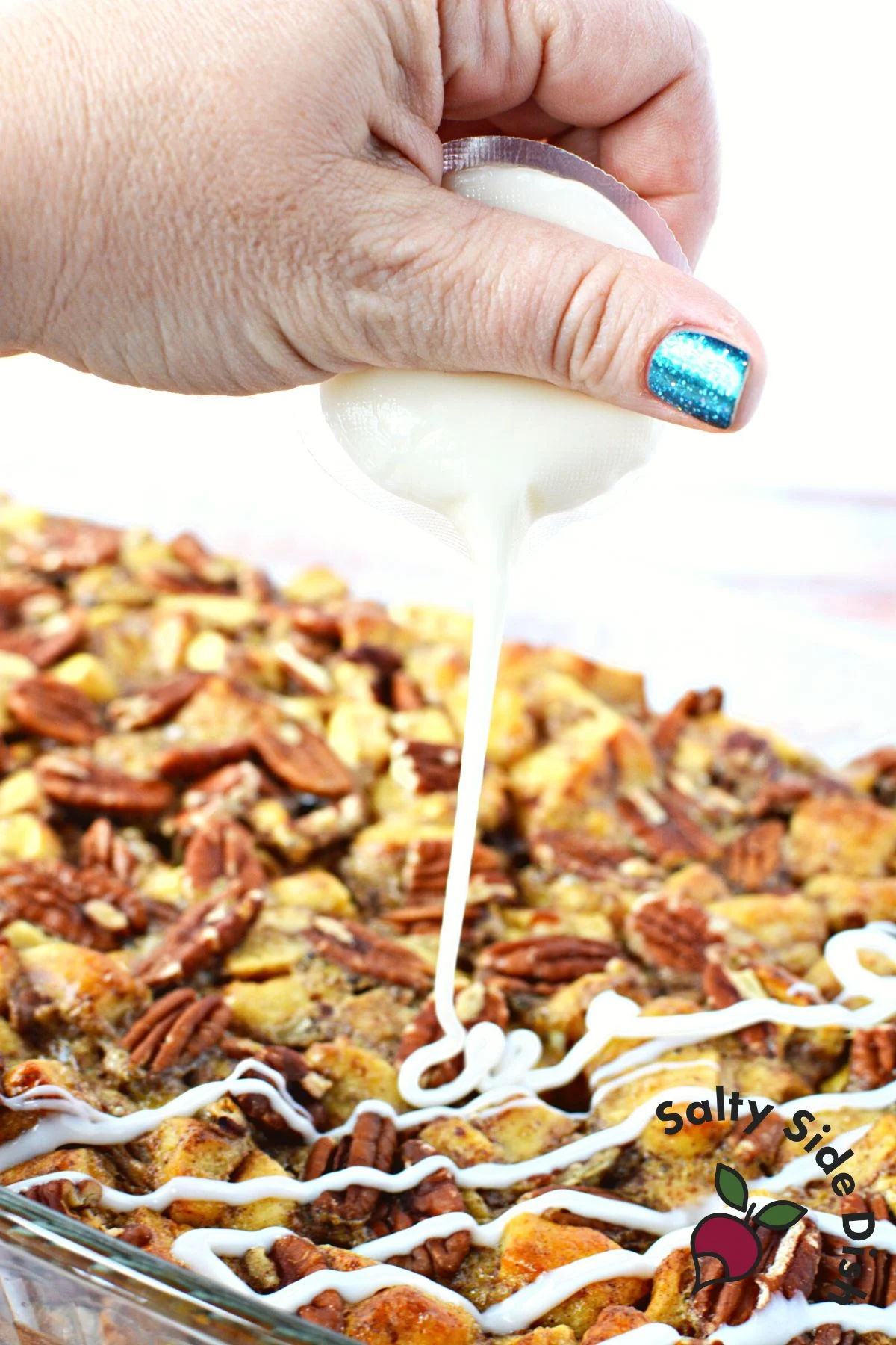 adding breakfast topping.