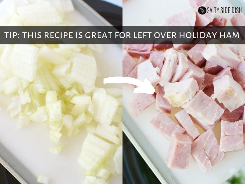 cut up onions and cooked ham