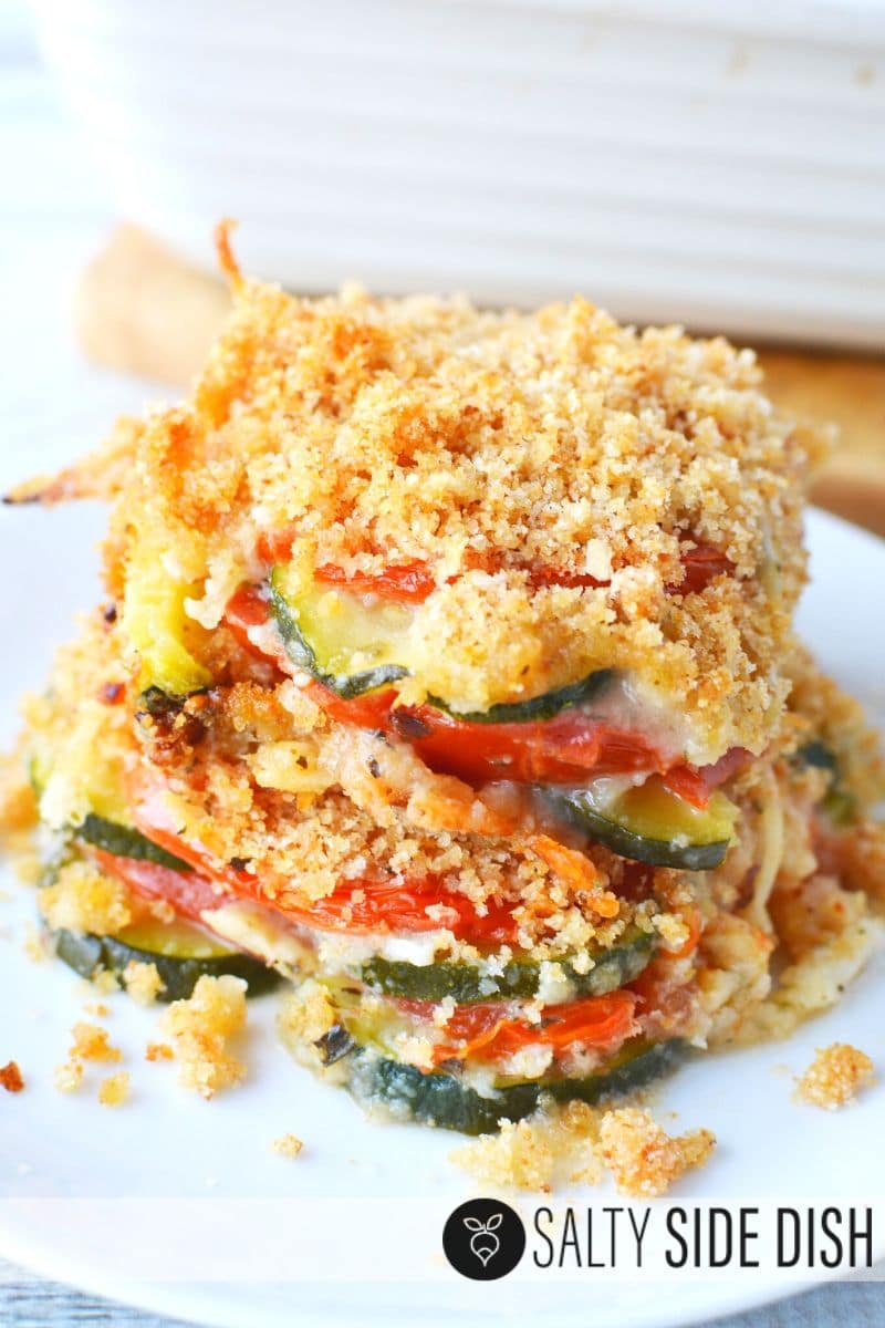 Zucchini Tomato Casserole with Bread Crumb Topping recipe double stacked on a plate