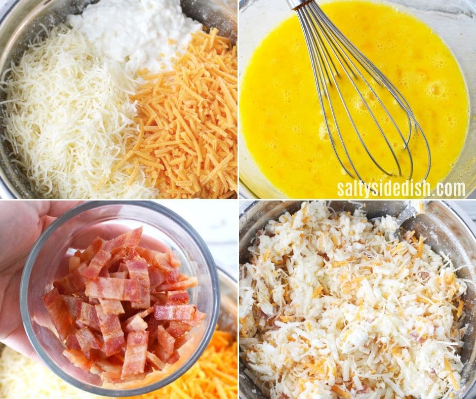 laid out ingredients with hash browns, cheese, cottage cheese, bacon, eggs and all mixed together in one bowl