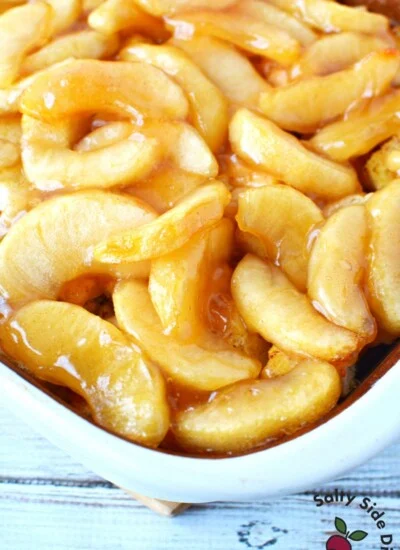 apple pie breakfast bake in a white casserole dish.