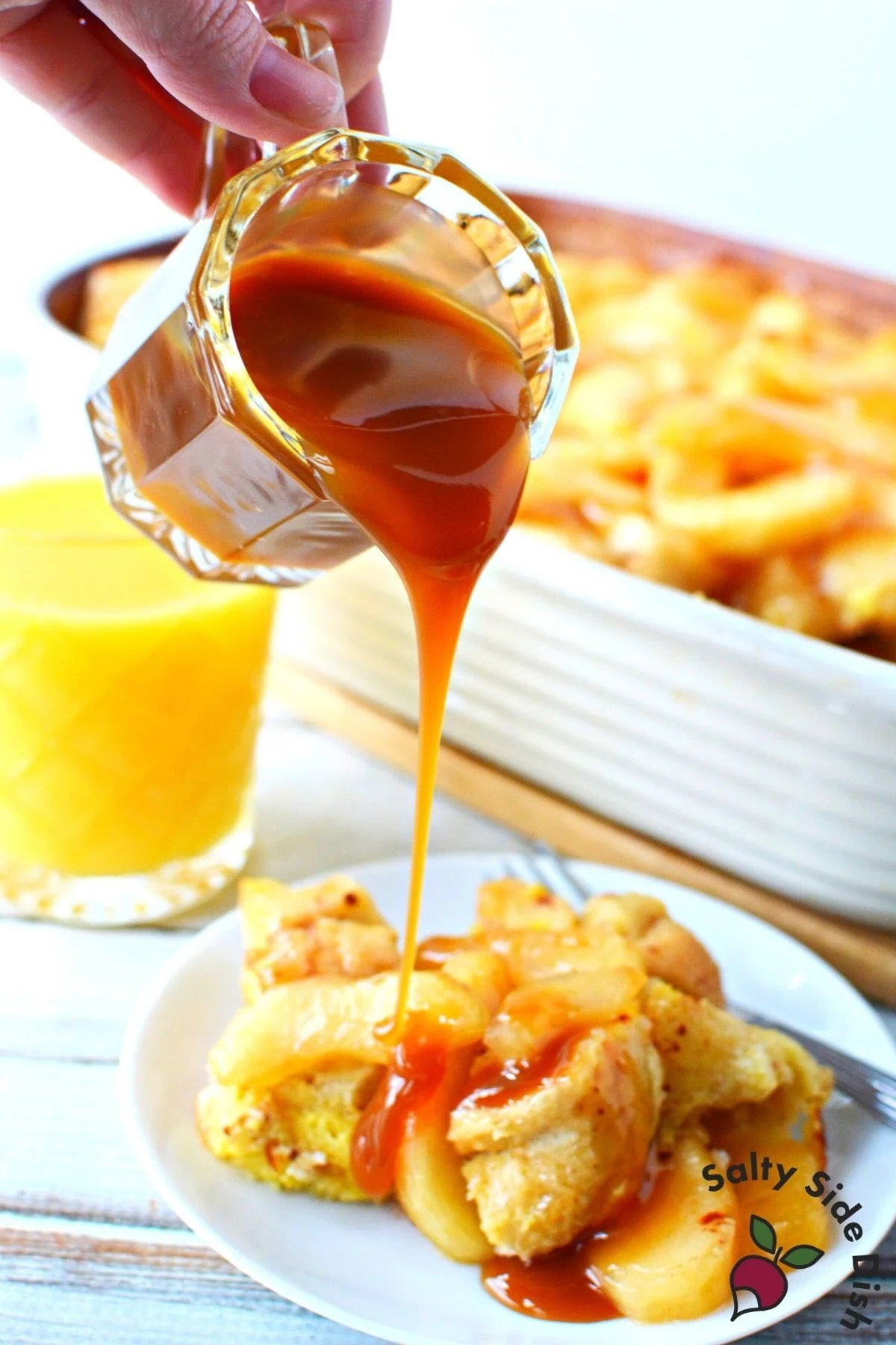 caramel drizzled over apple breakfast.