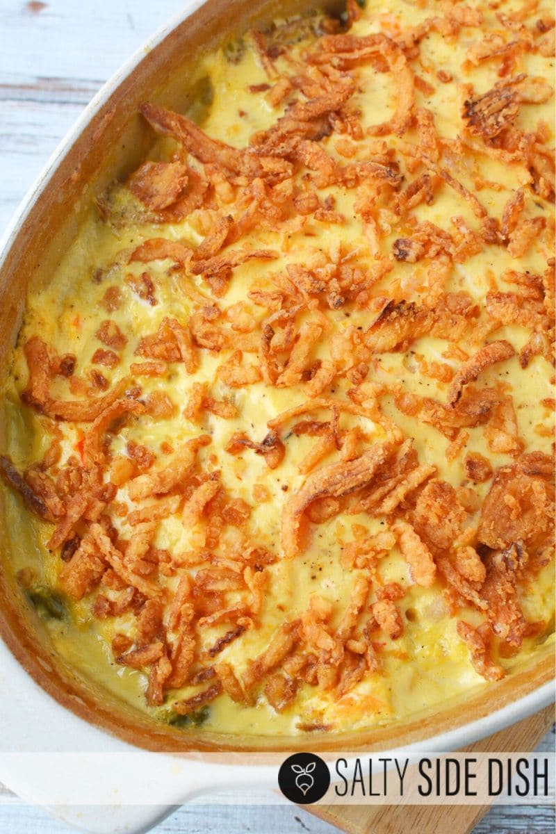 Shrimp and Asparagus cheesy casserole with amazing layers of cheese, soup, cream cheese, and topped with fried onions, a totally simple and easy casserole to dump and cook
