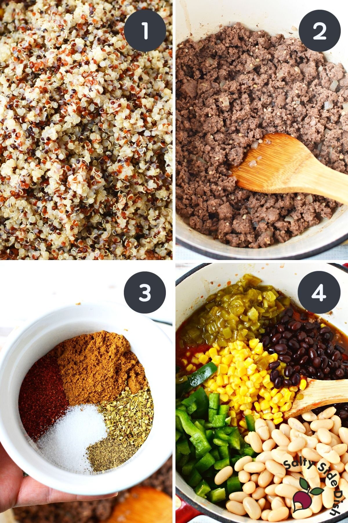 collage of quinoa chili being made.