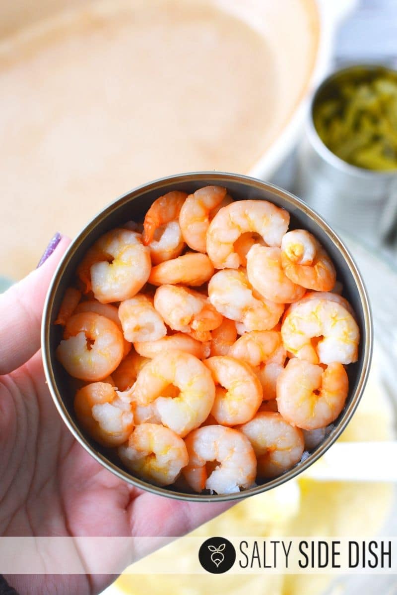 Canned shrimp makes things easy so grab 2 cans of canned shrimp and drain properly before adding to shrimp casserole