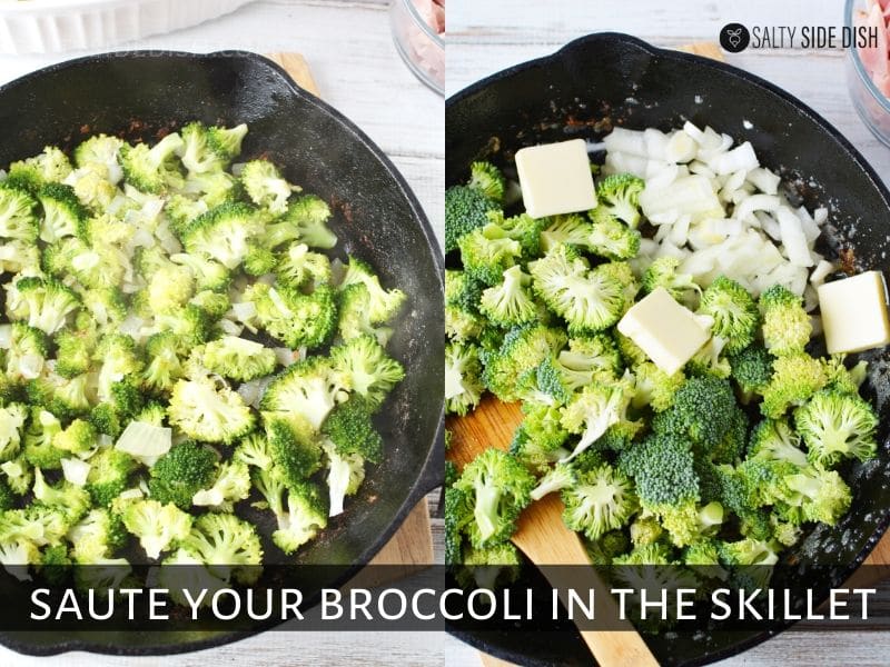 raw broccoli in cast iron pan with butter and diced onions
