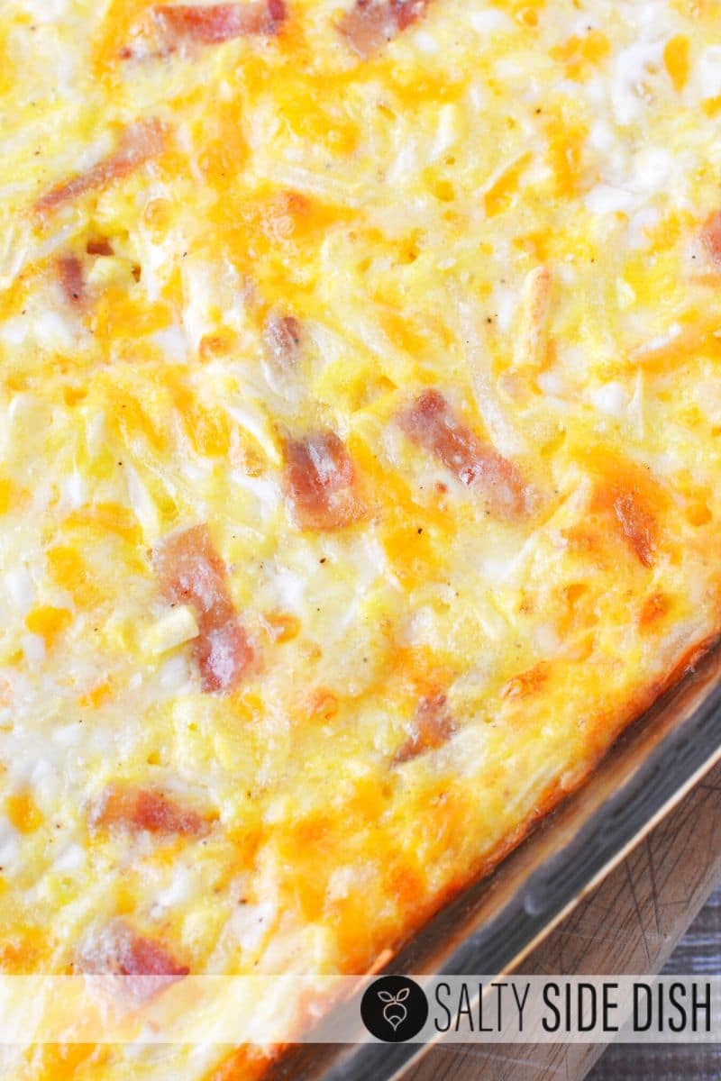 Oven baked amish casserole with visible cheeses, cottage cheese and bacon