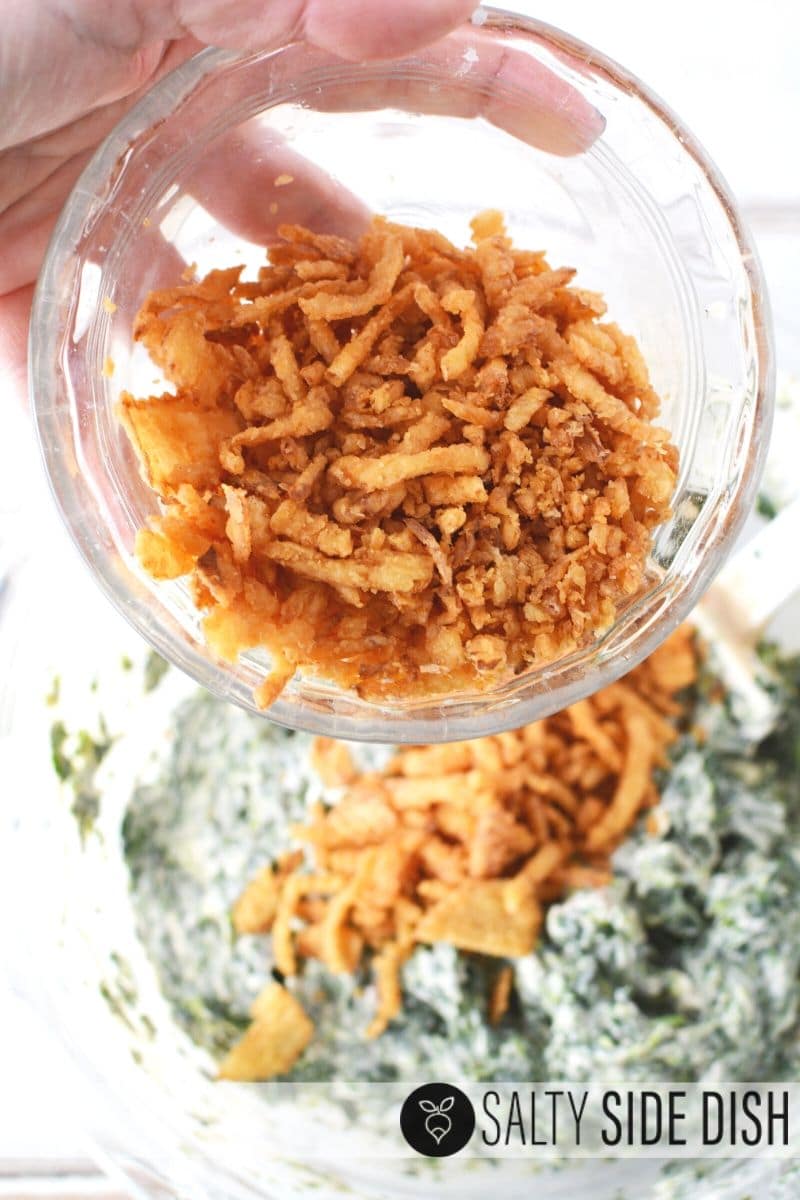 Crispy onions come in canistors in the french fried onion family, so many other toppings are great too like ritz, pretzels, and chips