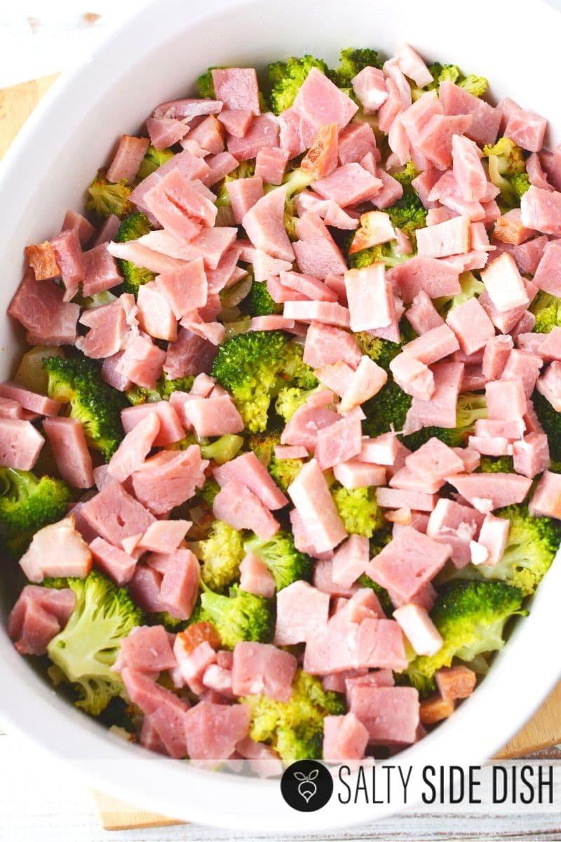 broccoli ham casserole with layers of ham