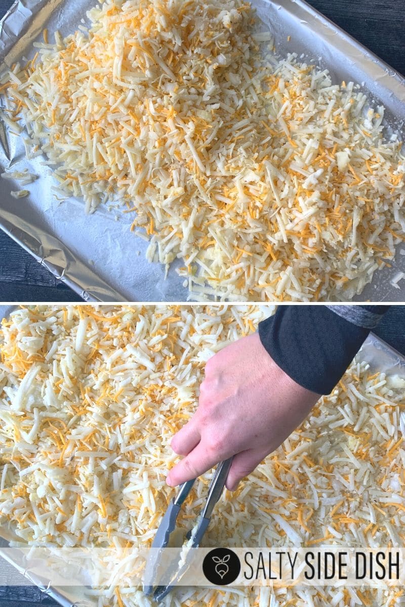 spread cheesy hash brown mixture on a foil sheet in the oven