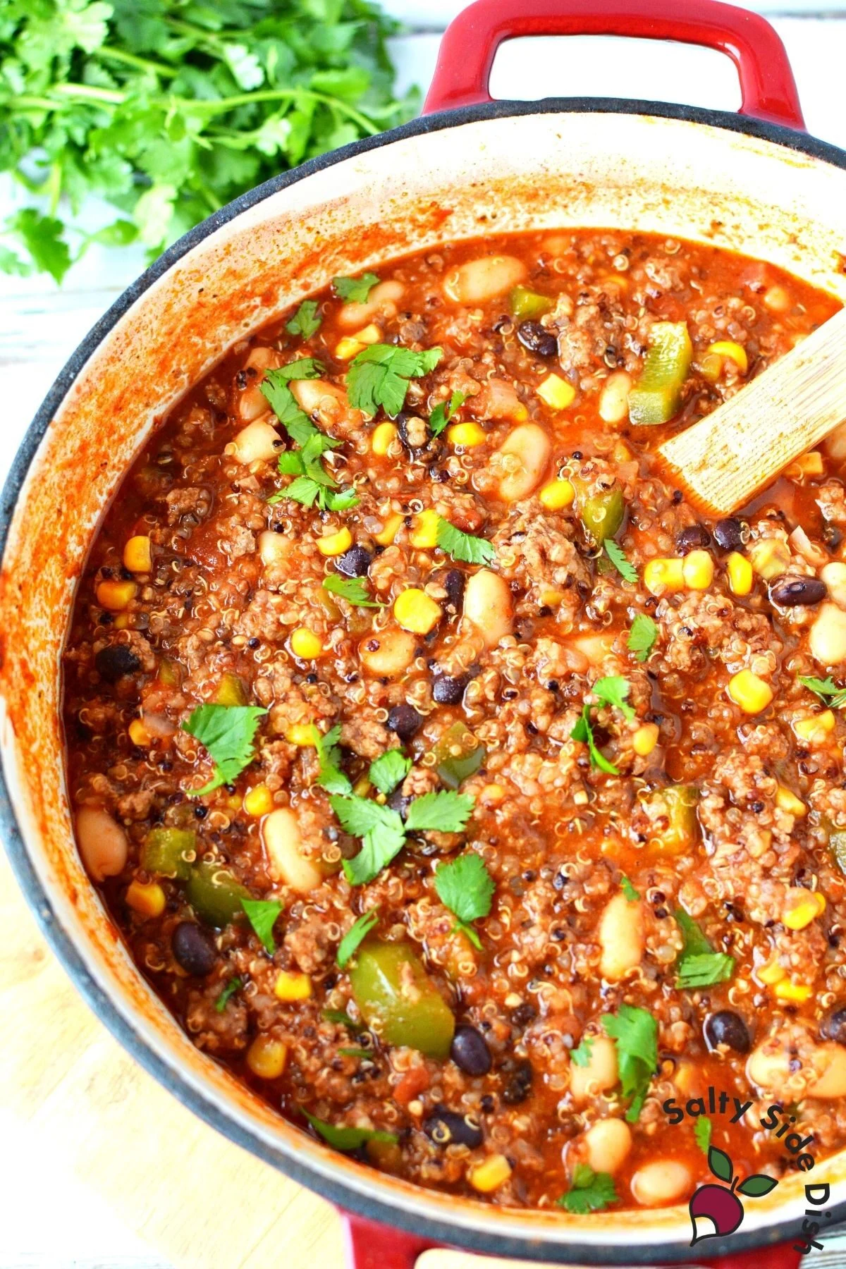 large bowl of quinoa and black bean chili.