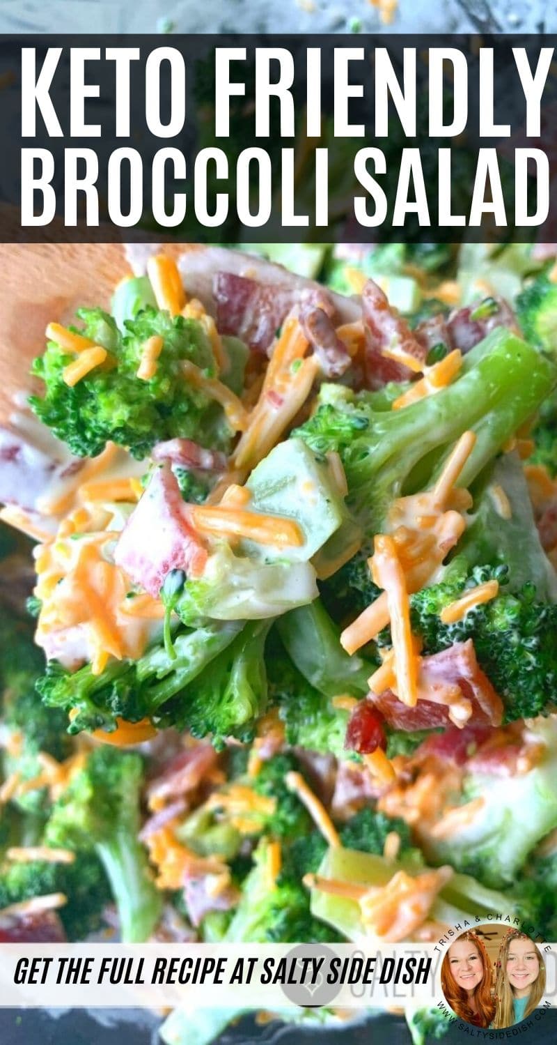 Keto Broccoli Salad with Cheddar Cheese, Red Onions and Loads of Bacon! #broccolisalad #ketofriendly #keto #lowcarb #broccoli #salad #sidedish #saltysidedish