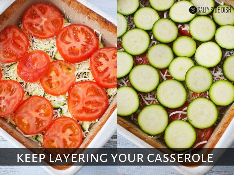 triple layers of tomato, zucchini and cheese