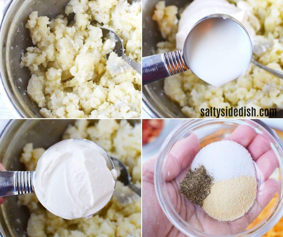 add potoates into bowl with milk, sour cream, and seasonings
