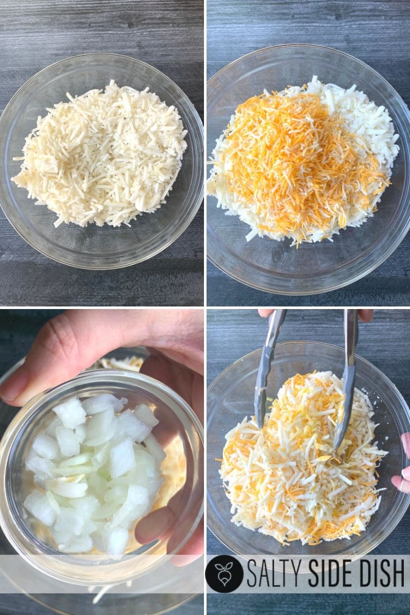 add cheese, onions, oil and cheese to your frozen hash browns