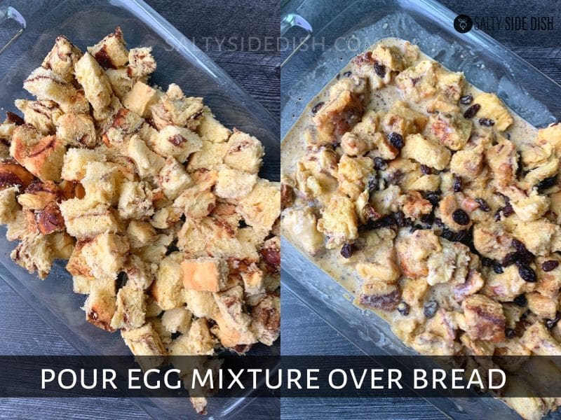 add melted butter, raisins and then egg mixture for your perfect bread pudding in a glass dish