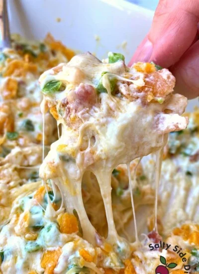 loaded dip on a tortilla chip.