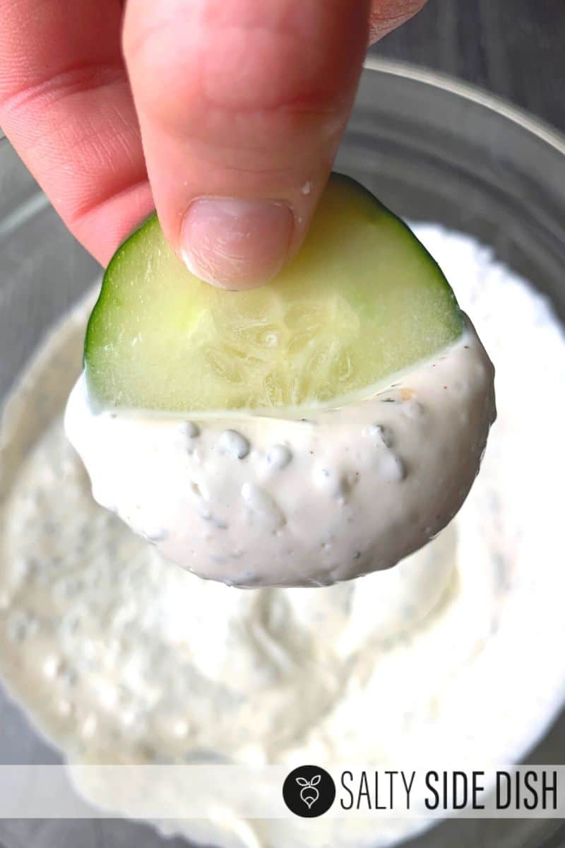 cucumber dip with cucumber slice.