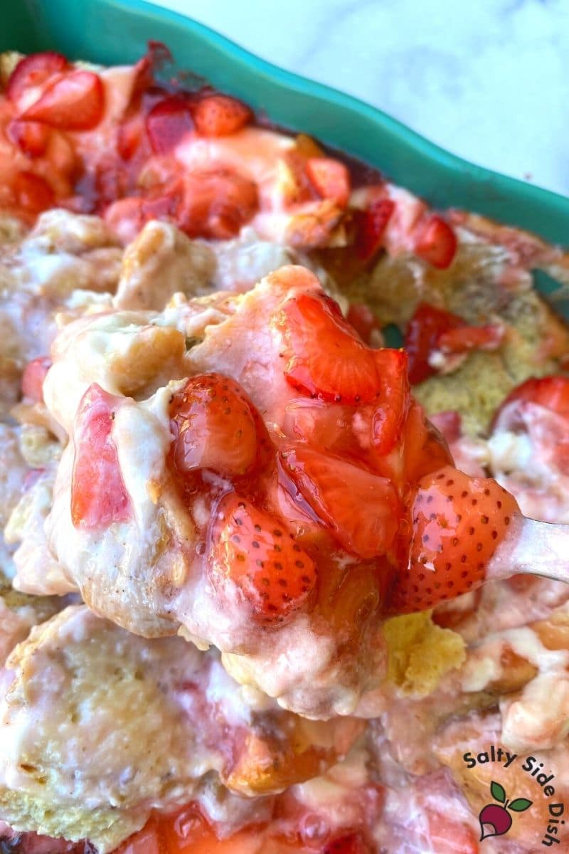 Spoon Strawberry Sauce on top of French toast casserole and serve while hot.